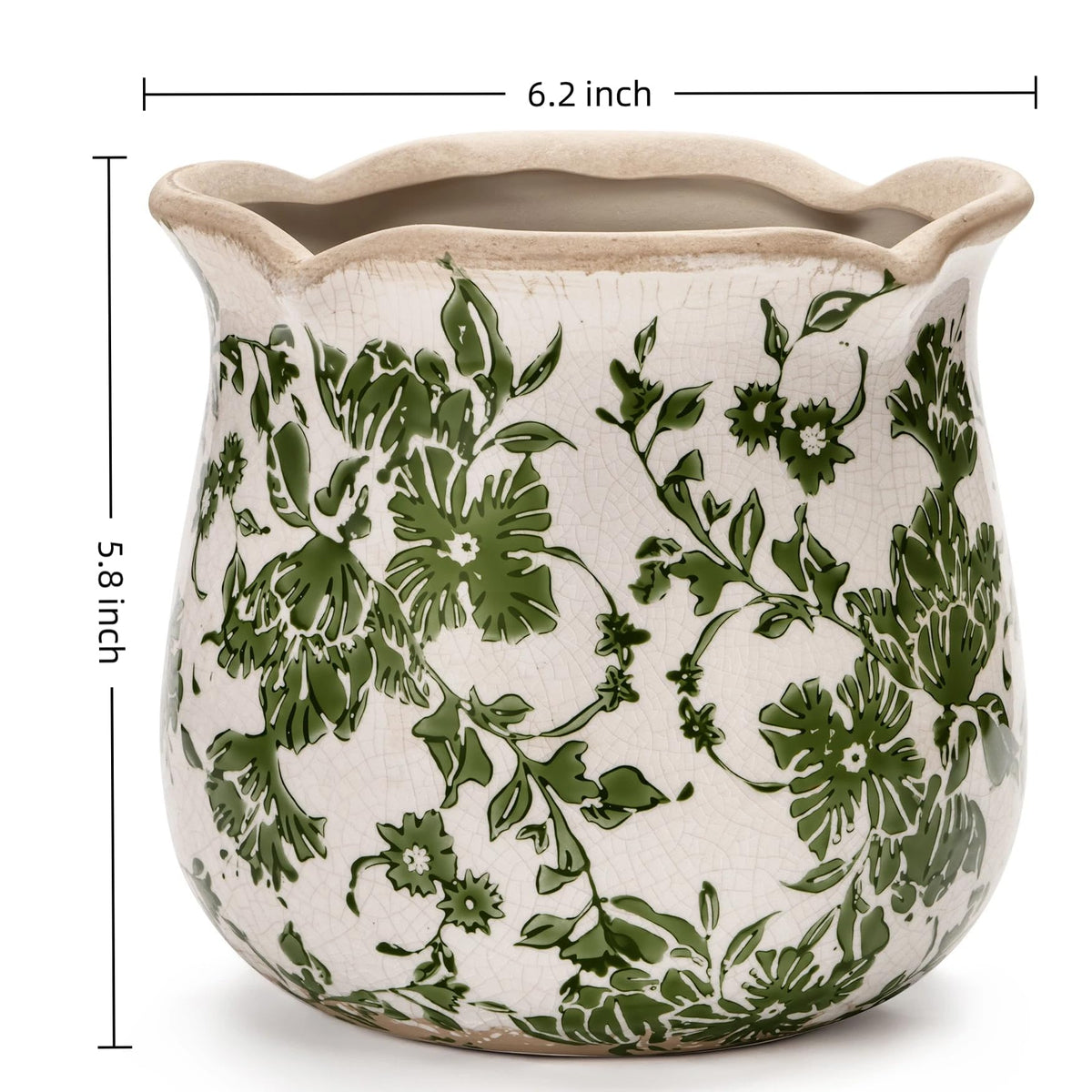 behen bahen Vintage Ceramic Planter Pot with Drainage Holes, Green Floral Design, 6.11 Inch, Distressed Tuscan Style, Indoor Plant Pot and Vase (Green)