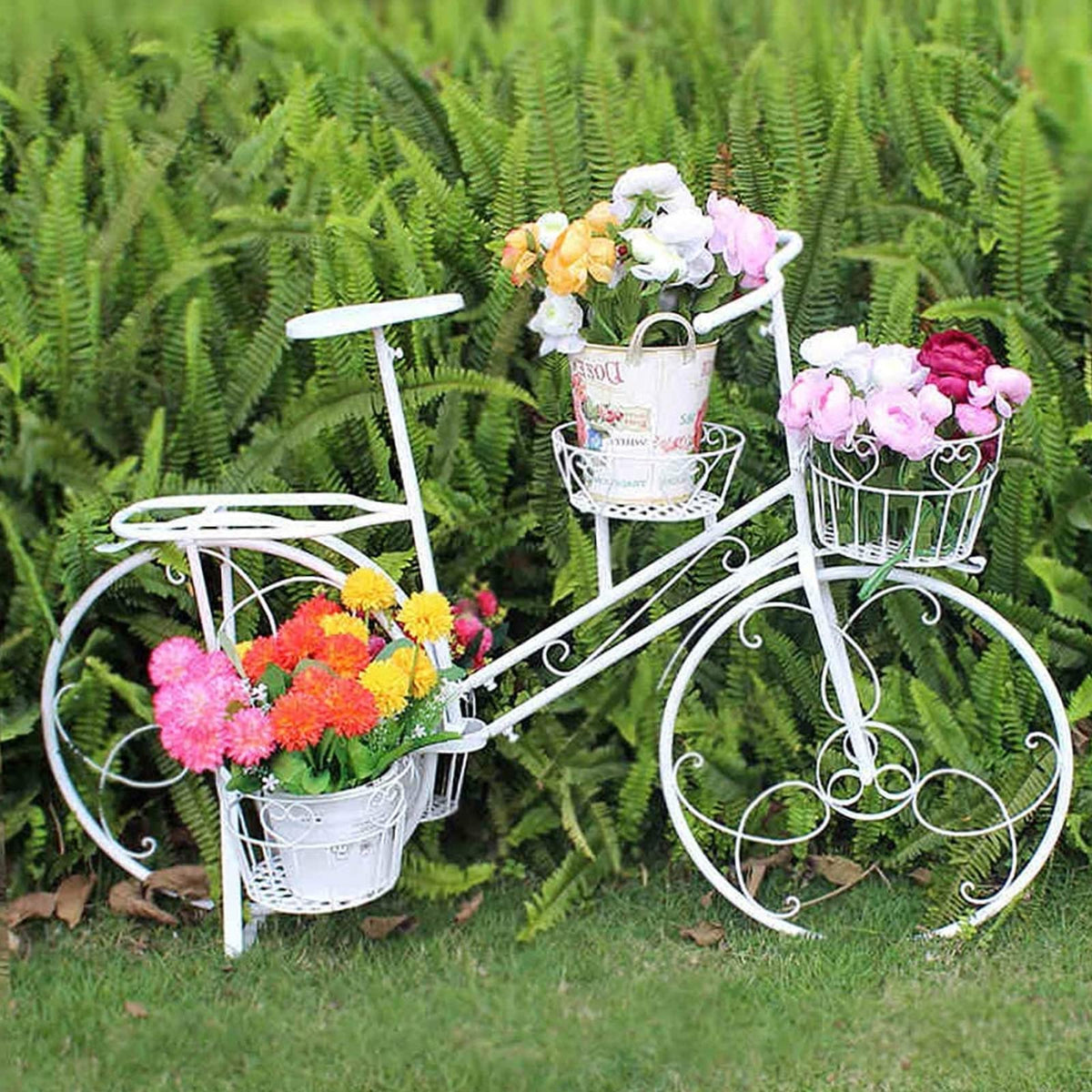 Bicycle Plant Stand Flower Pot Holder with 4 Baskets for Outdoor Garden Patio Wrought Iron Planter Display Rack for Home Deck Green
