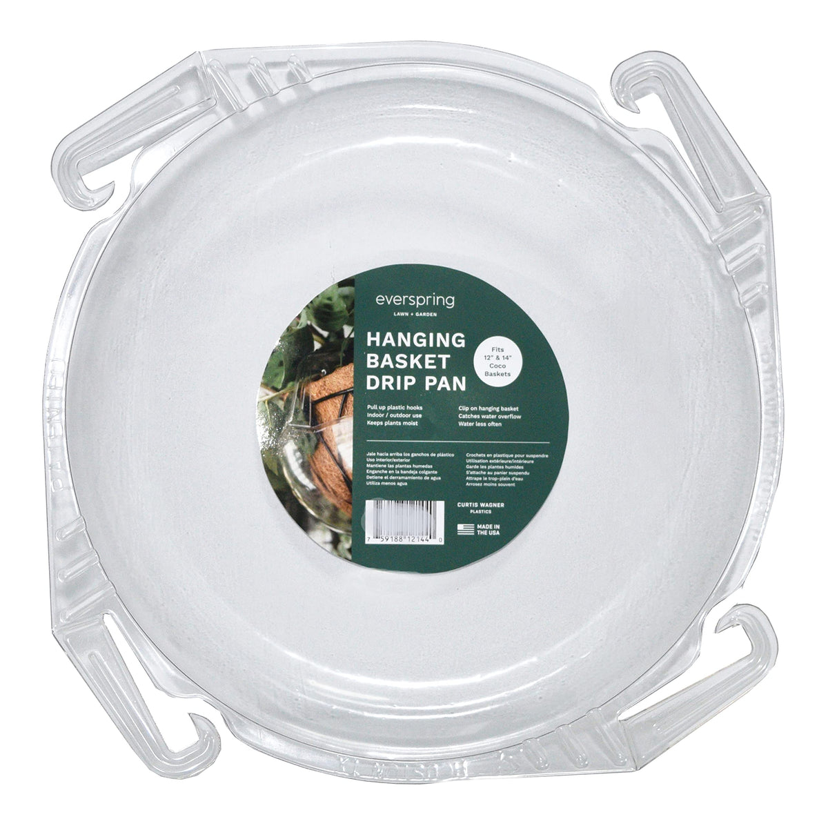 Curtis Wagner Plastics Wire Coco Hanging Basket Drip Pans (5-Pack) | Clear, Round (Top 12” - 14", Depth 3.75") Hanging Plant Tray Saucer with Built-in Hooks & Water Catcher for Indoor & Outdoor