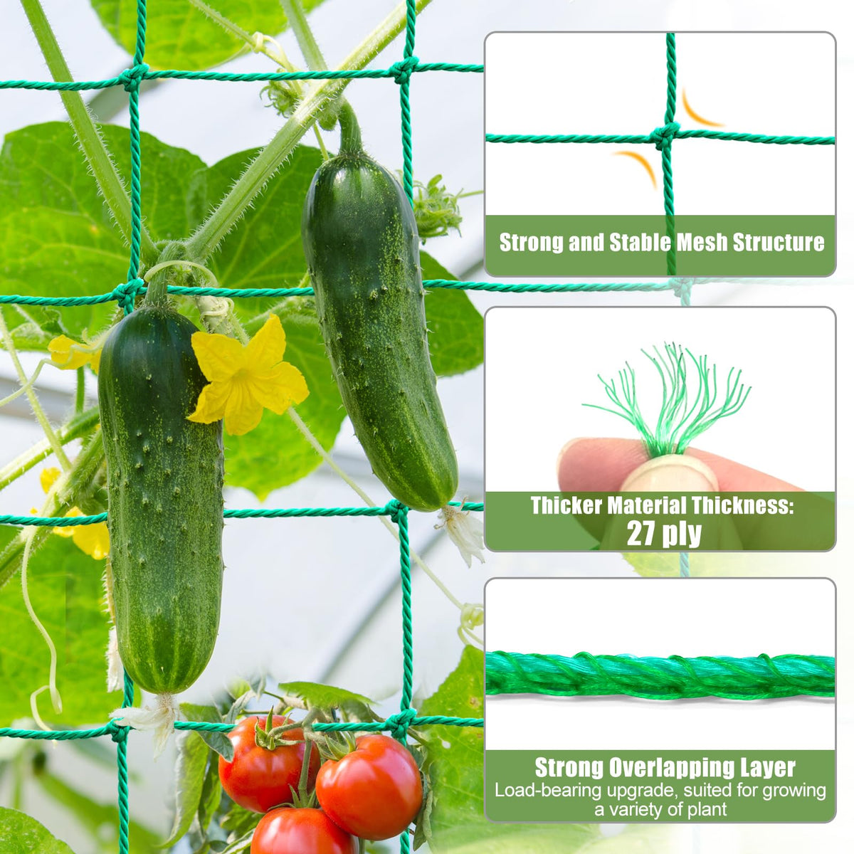 Trellis Netting, Heavy Duty Garden Netting for Trellis for Climbing Plants Outdoor, 16.5x6.6Ft Plant Netting for Cucumber, Tomato, 27 Strands & 4x4 IN Mesh, Grow Net for Vine, Fruits, Vegetables, Bean