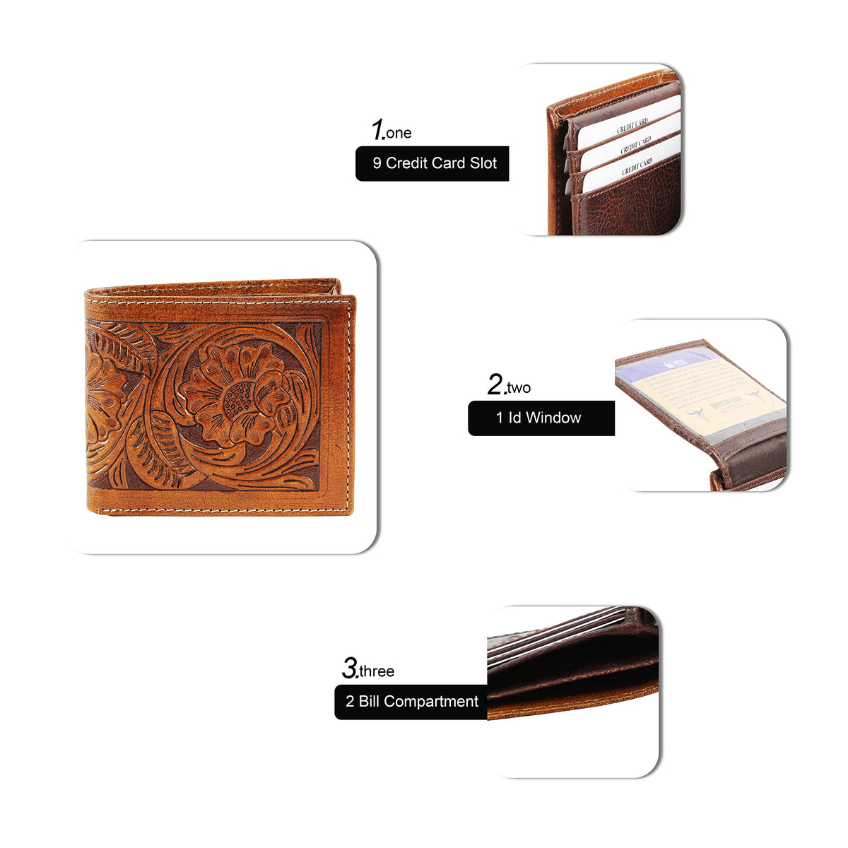 American Bison RFID Wallet for Men – Hand-Tooled Floral Cowhide Leather Bifold Wallet with Gift Box (Light Brown)
