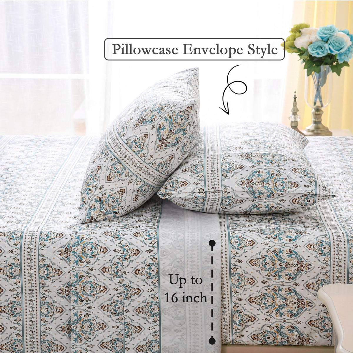 ChicView Queen Size Paisley Printed Sheet Set,4 Pieces Boho Style Breathable Soft Microfiber Bedsheets, Anti Pilling Deep Pockets Easy Care Bed Sheets, White Green