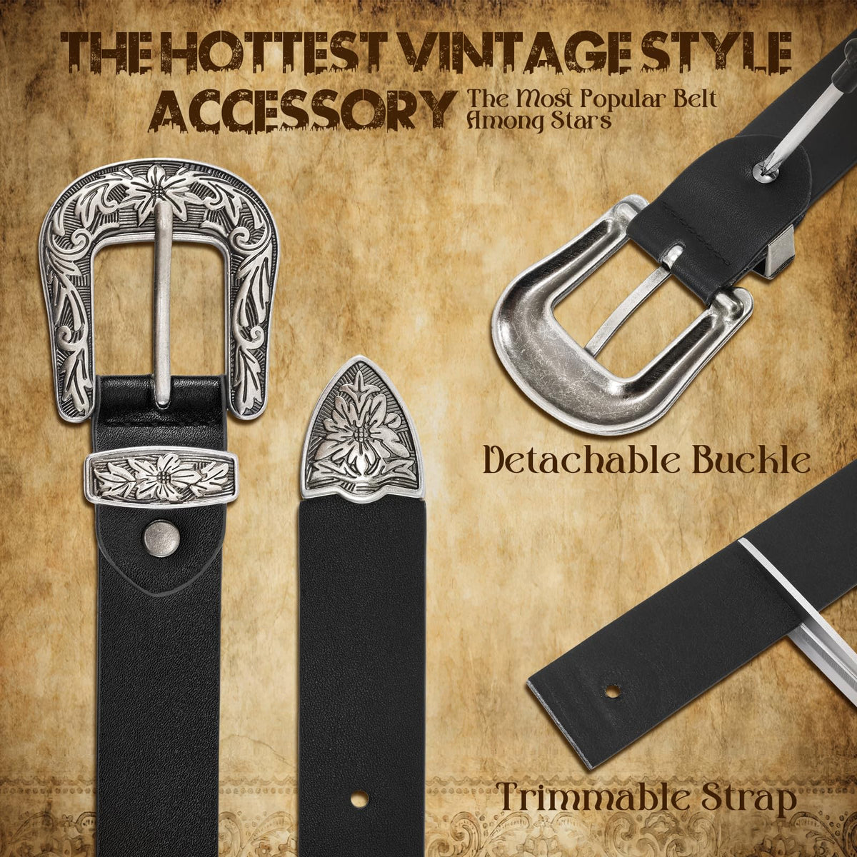 JASGOOD Women Leather Belts Ladies Vintage Western Belt Cowboy Cowgirl Country Belt Design Black Waist Belts for Pants Jeans Dresses