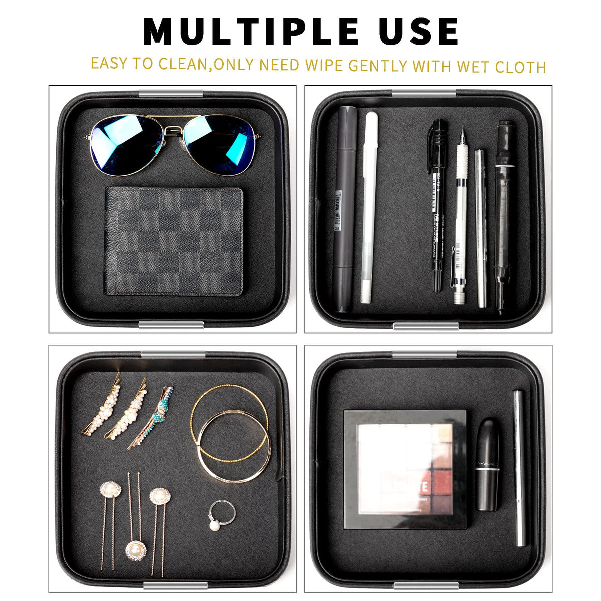 SANZIE Luxury Leather Desktop Storage Small Catchall Organizer Decorative Tray for Entryway Table to Hold Jewelry Watch Cosmetics Keys Phone Wallet, Home & Office Accessories (Metal Silvered, Black)