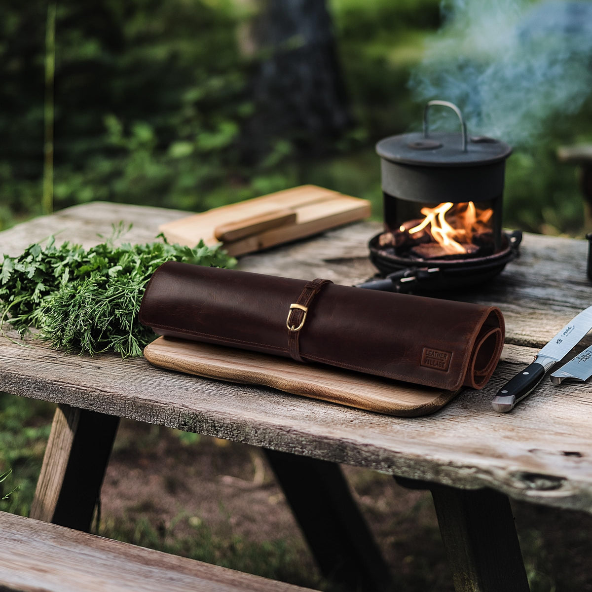LEATHER VILLAGE Genuine Leather Knife Roll Bag – Professional Chef Carrying Case, Durable Sheath Holder, Cooks & Culinary Tools Organizer, Portable Travel Storage with 4 Slots & Zipper - Cherry