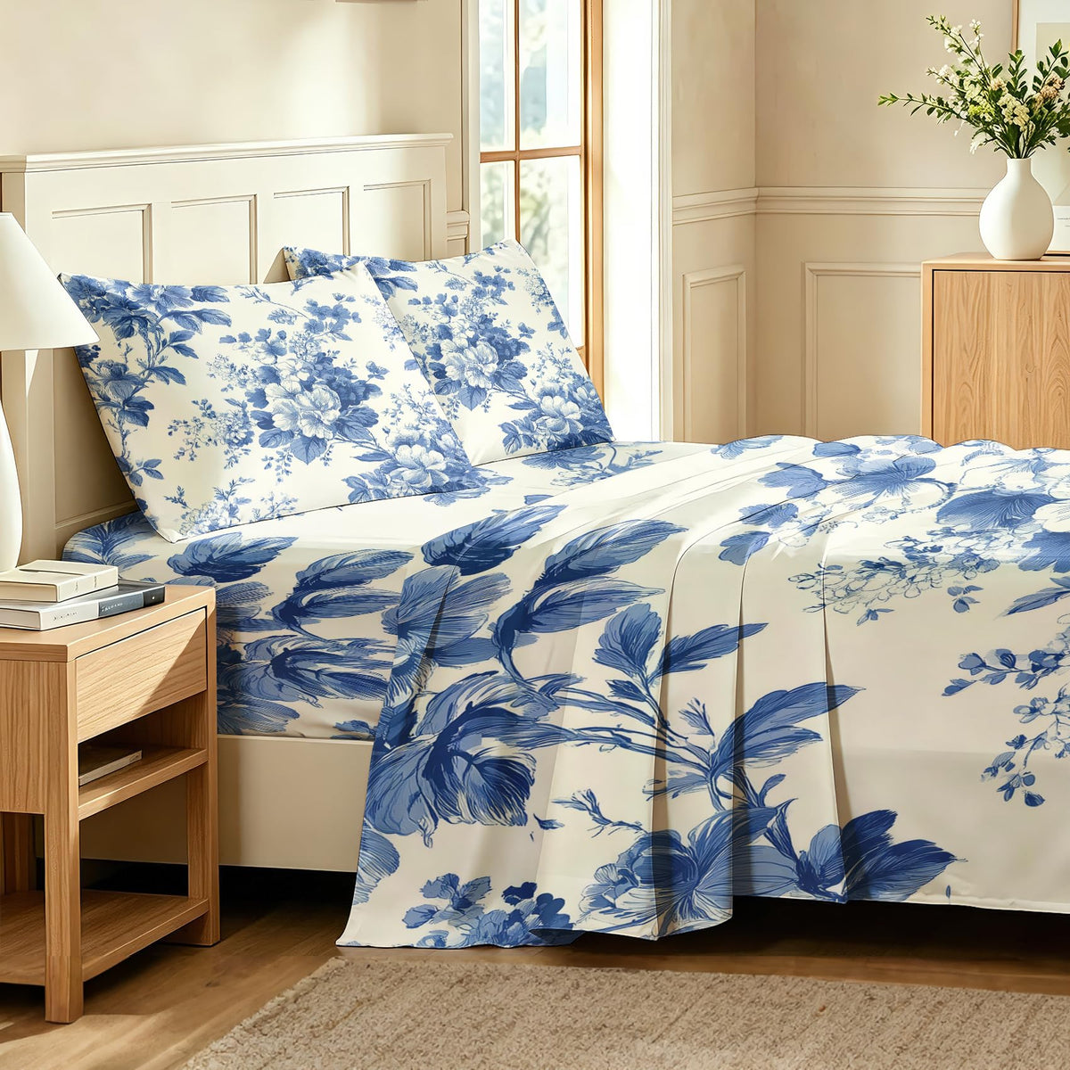 Blue and White Floral Queen Sheet Set 4 Pcs Chinoiserie Bed Sheets