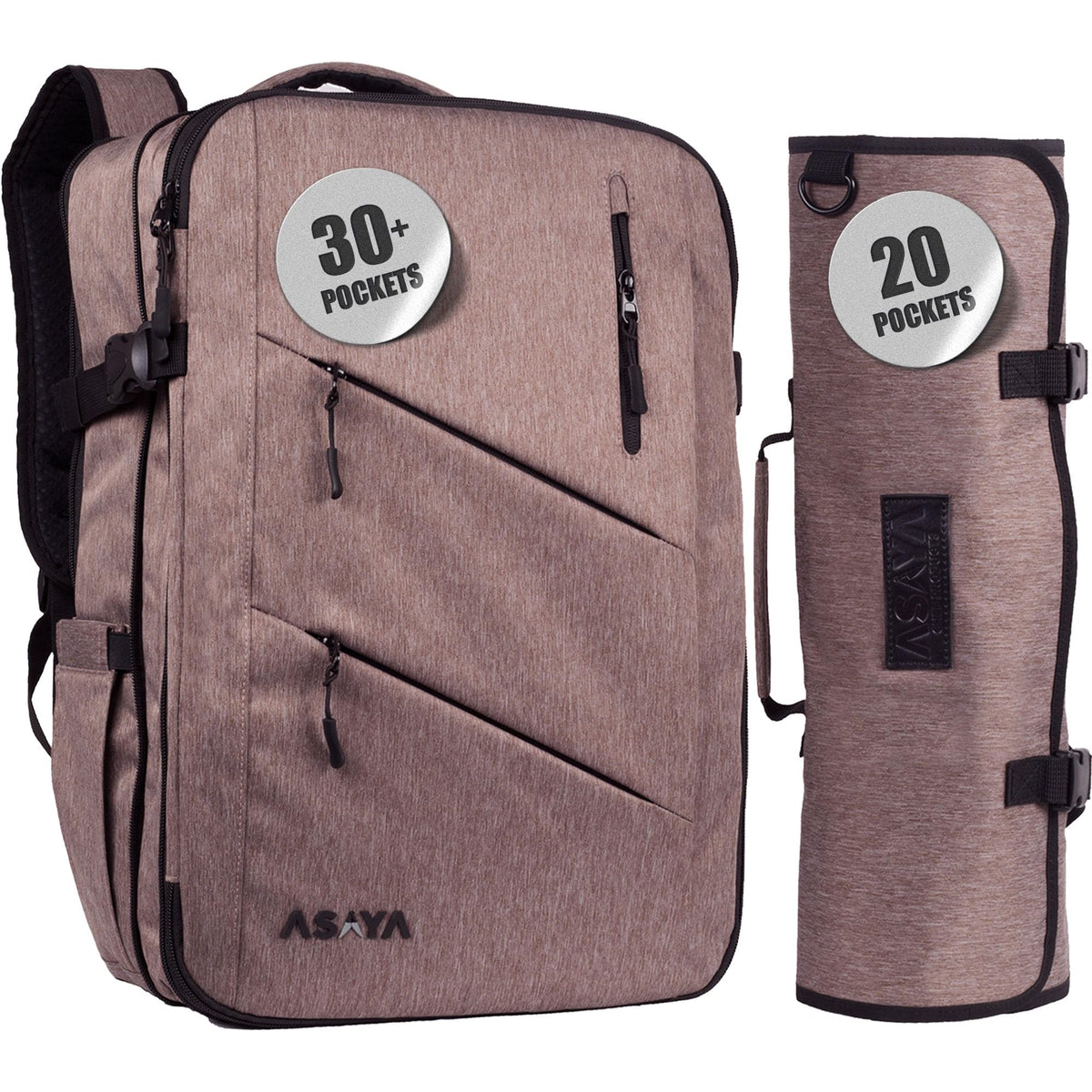 Asaya Chef Knife Backpack with 20-Pocket Knife Roll Bag - Over 30 Storage Pockets Chef Bag, Professional Backpack for Chefs and Culinary Students – Knives Not Included (Brown)