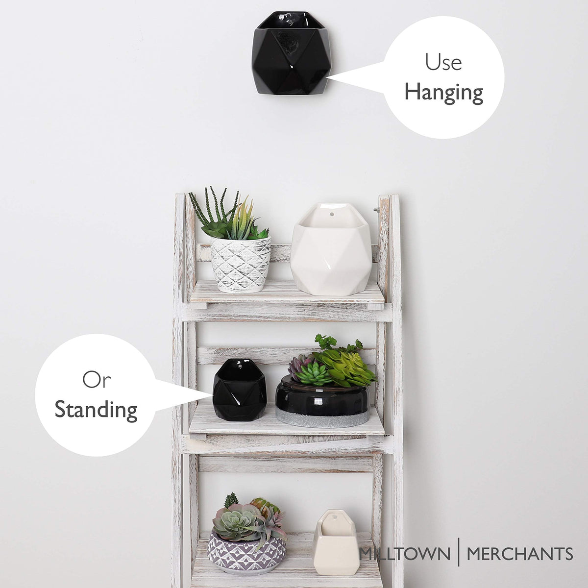 Milltown Merchants Succulent Wall Planters - Wall Vases - White Ceramic Wall Mounted Planters - Succulent Plant Pots - Hanging Vases for Living Wall (2 Pack/Geometric/Black)