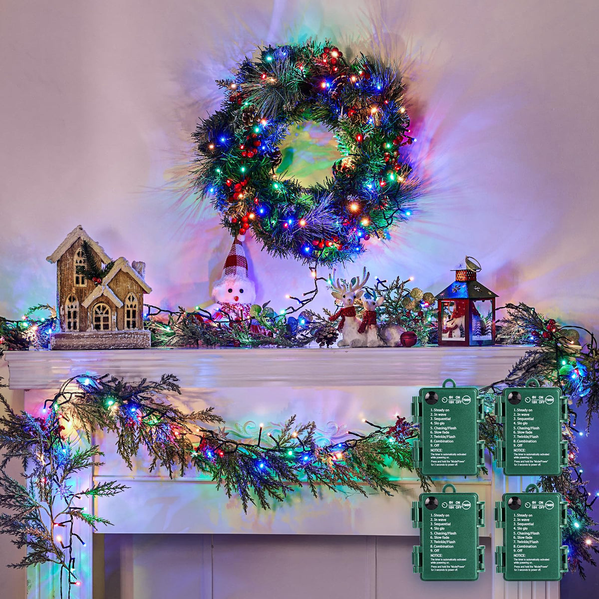 Minetom Christmas Cluster Lights, 10Ft 120 LED Twinkle String, Battery Operated, Waterproof, 4 Pack, Multicolor