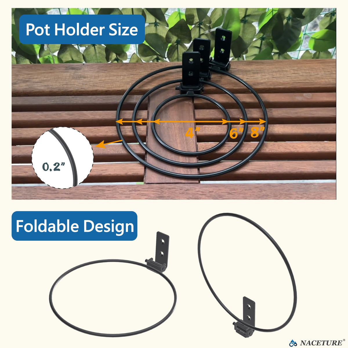 NACETURE Flower Pot Holder Ring for Wall Mount Foldable – Heavy Duty Round Metal Planter Hooks Hangers - Fence Pot Plant Holders Hanging Bracket for Outdoor Indoor (6 Inch 6 Pack)
