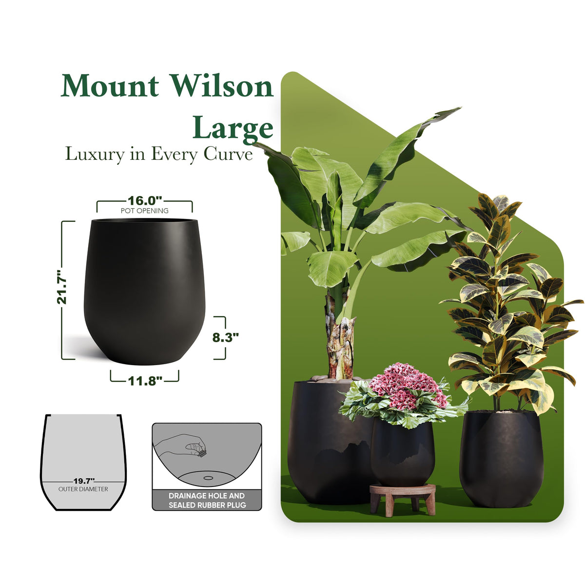 DTY Premium Mt Wilson Tall Tapered Fiberstone Planter for Indoor Outdoor Use, Modern Large Olive Tree Pot with Drainage Hole, Includes 2 Coco Mats. Black, Large 20.1'' D x 21.9'' H. 15.4” Pot Opening