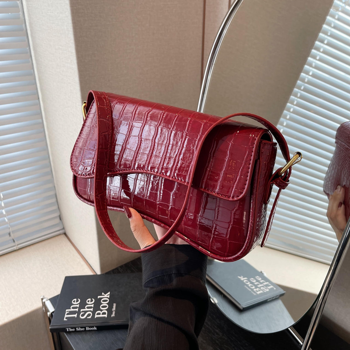 feujury Shoulder Bag for women Y2K Crossbody Vegan Leather Purse Straps Retro Clutch Hobo Hadbags with 2 Removable (B-crocodile red)