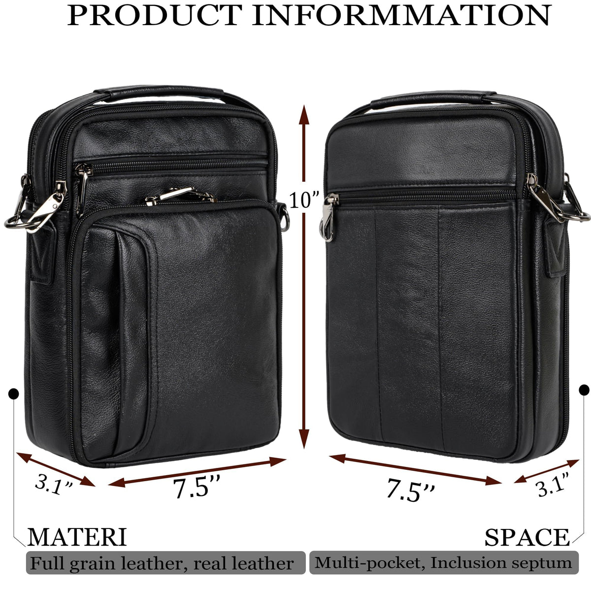 Ariscobull - Leather Small Messenger for Men - Women Shoulder Chest Travel Bag - Crossbody Bag (Black)