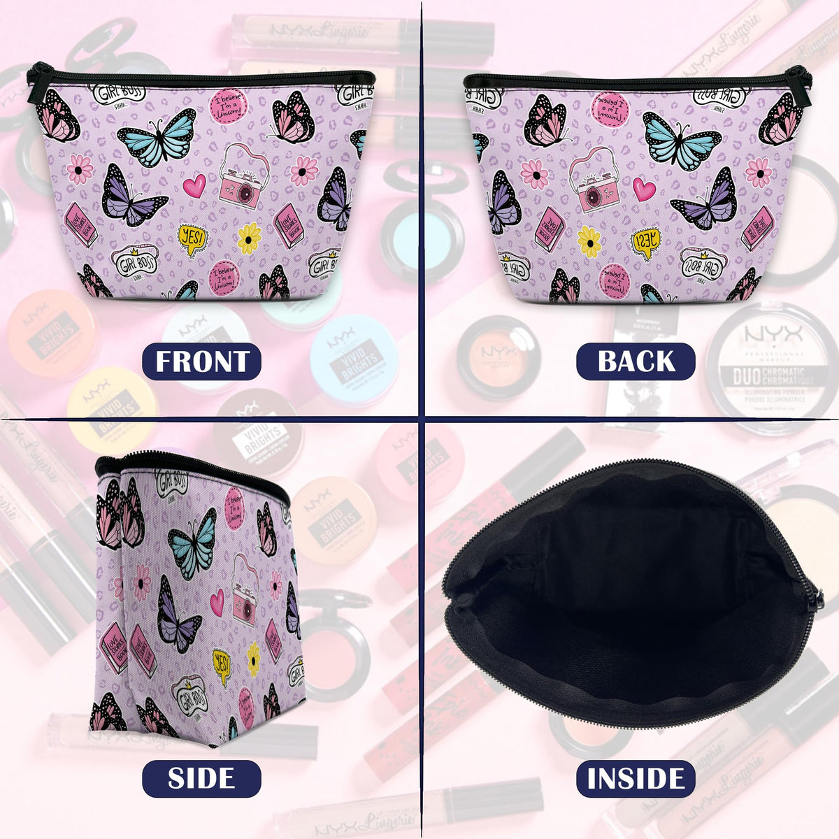 DEMACYA Makeup Bag for Purse, Waterproof Funny Cute Cartoon Butterflies Cosmetic Bag for Women, Zipper Travel Toiletry Pouch Gift 9.5×5.9 Inch