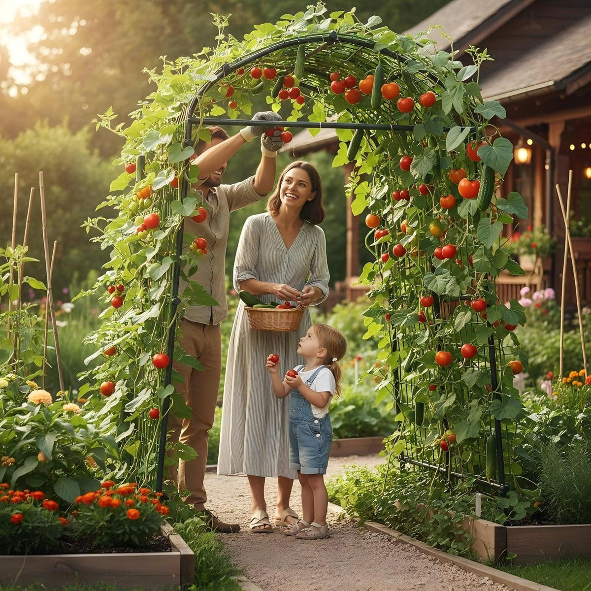 GarveeLife Metal Garden Arch Trellis 7.3 FT, Cucumber & Melon Trellis for Raised Beds, u-Shape Plant Support with Plastic Connectors for Climbing Vegetables, Grapes & Roses, Black
