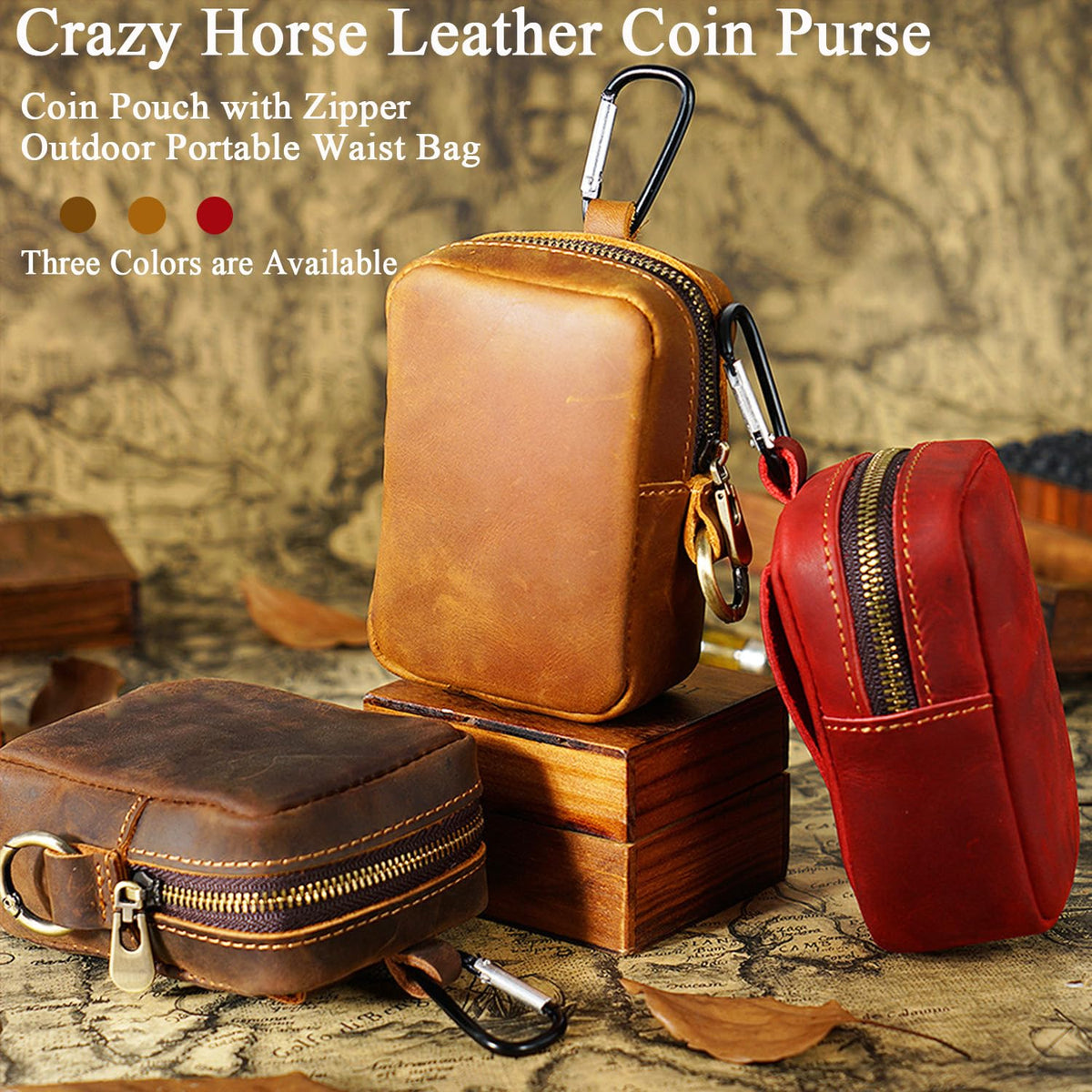 RRBMMH Crazy Horse Leather Coin Purse Retro Zipper Wallet Genuine Leather Coin Pouch for Men Small Leather Change Purse with Key Ring for Travel