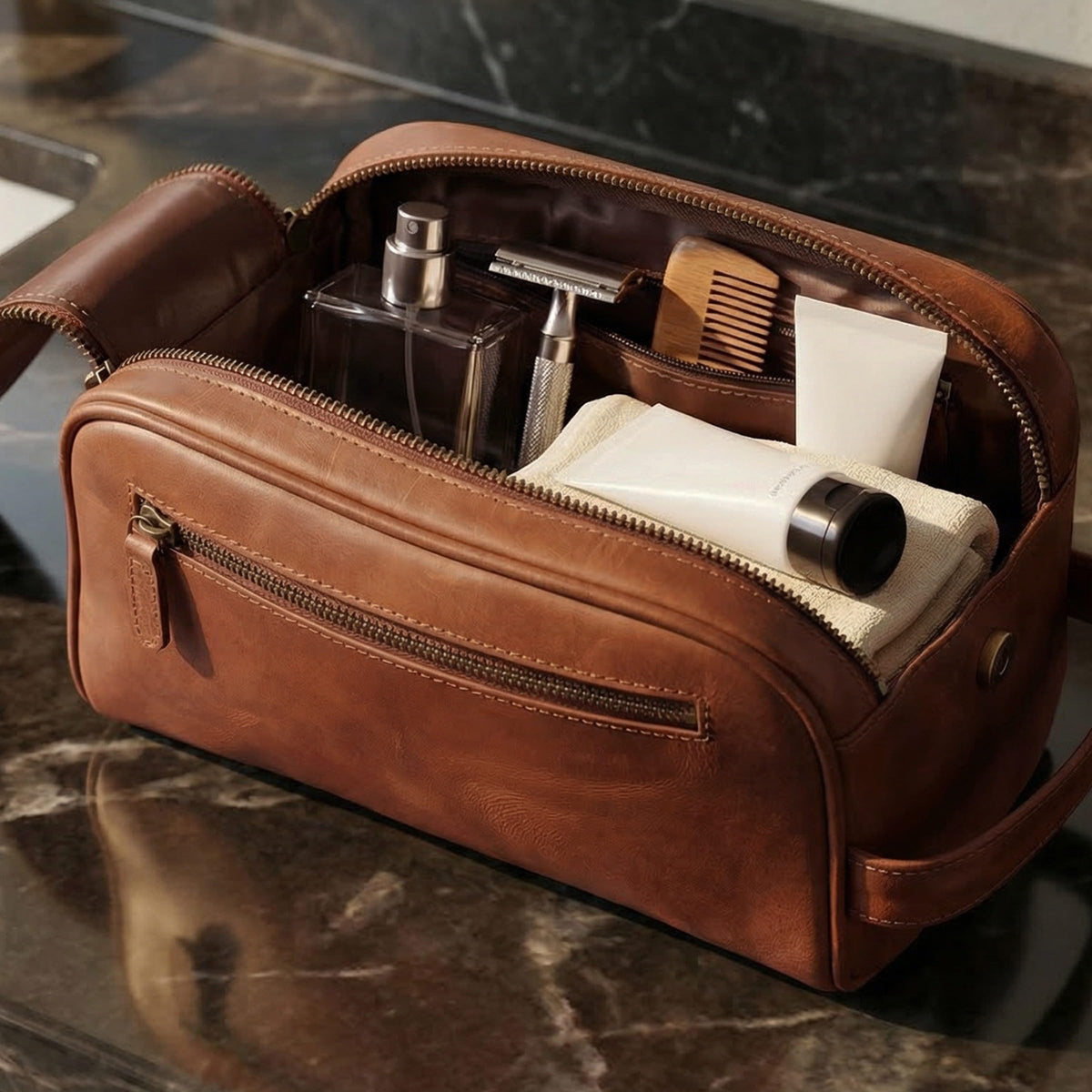 Leather Toiletry Travel Bag with Waterproof Lining, Large Capacity Vintage Dopp Kit, Shaving & Cosmetic Organizer for Men & Women - Tan