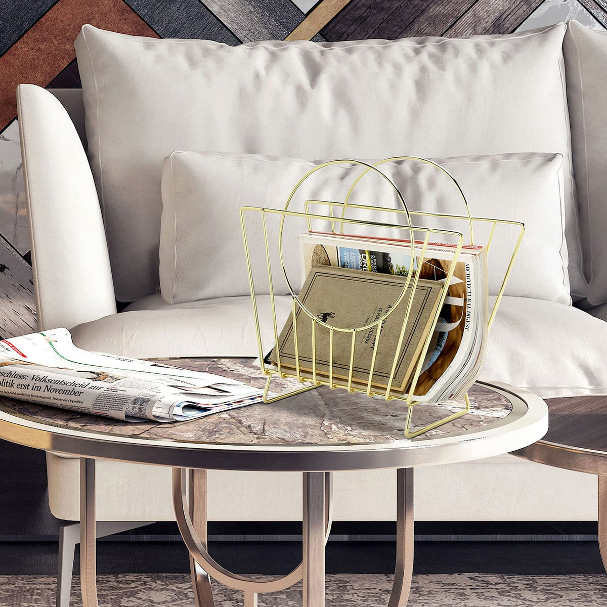 MyGift Mid-Century Brass Plated Metal Free Standing Magazine Holder Document File Rack with Decorative Bag Shaped Design