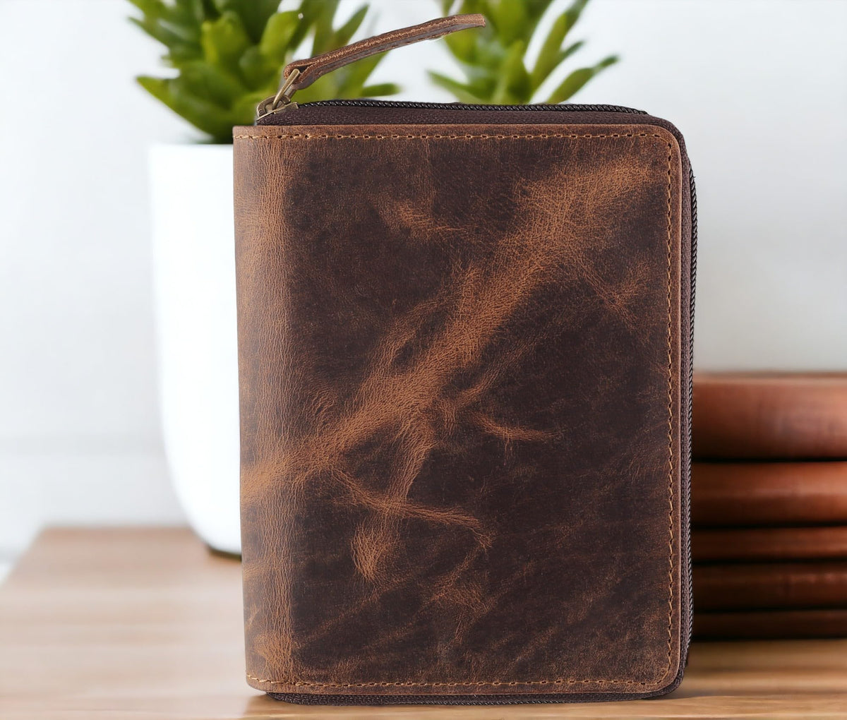 Passport Wallet - Travel Document Holder w/RFID Blocking – Full Grain Leather – Bifold compact zip around Wallet with Credit Card Slots for Women and Men,distressed brown,500-30