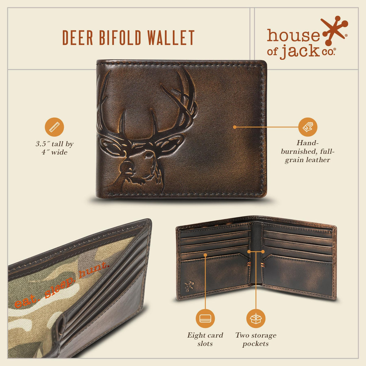House of Jack Co. Deer Men's Classic Bifold Wallet, Full Grain Leather Hunting Wallet, 8 Card Slots, Camo Lining, Embossed Whitetail Deer, Hunter Gift for Men, Black
