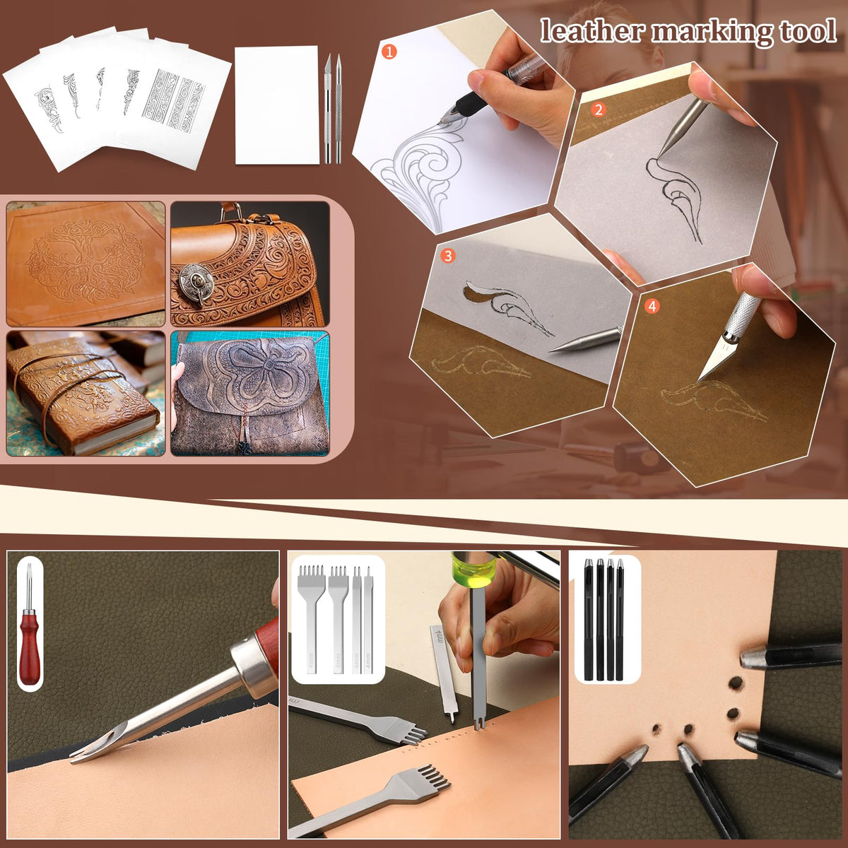 QMNNMA 102PCS Leather Working Tools Leather Crafting Kit with Custom Storage Bag, Stamping Tools for Sewing, Carving, Cutting, Punching, Stamping