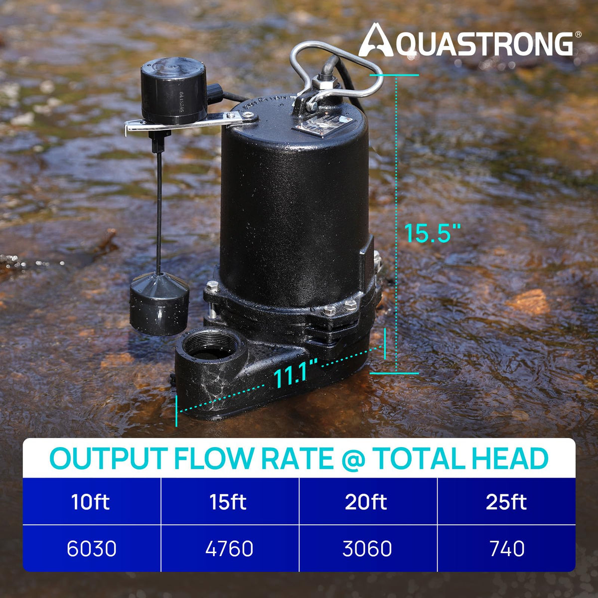 Aquastrong Cast Iron Sewage Pump 1/2HP Effluent Pump 220V 6030 GPH Sump Pump with Vertical Float Switch, Ideal for Basement Sump Pits, Industrial Wastewater - Commercial-Grade Sewage System