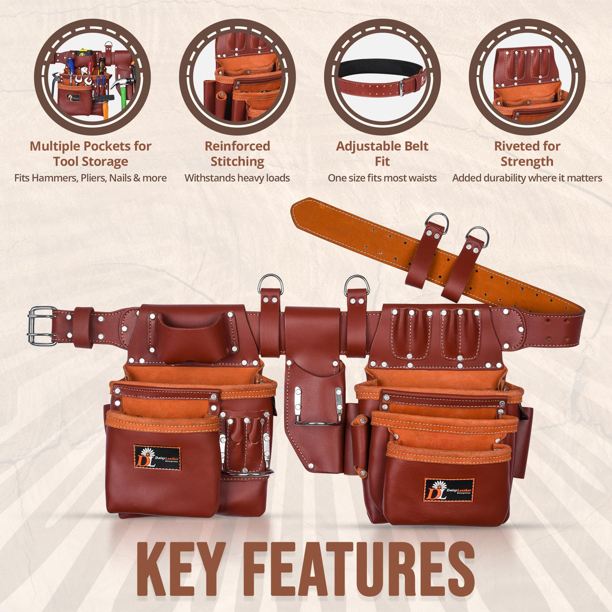 Daisy Leather PRO DL-101 Oil tanned Premium 25 pockets Heavy duty Tool Belt, Carpenter belt Pouch for Construction, Carpenter, Craftsman and Electricians workers, Black, X-Large (Cherry Leather)