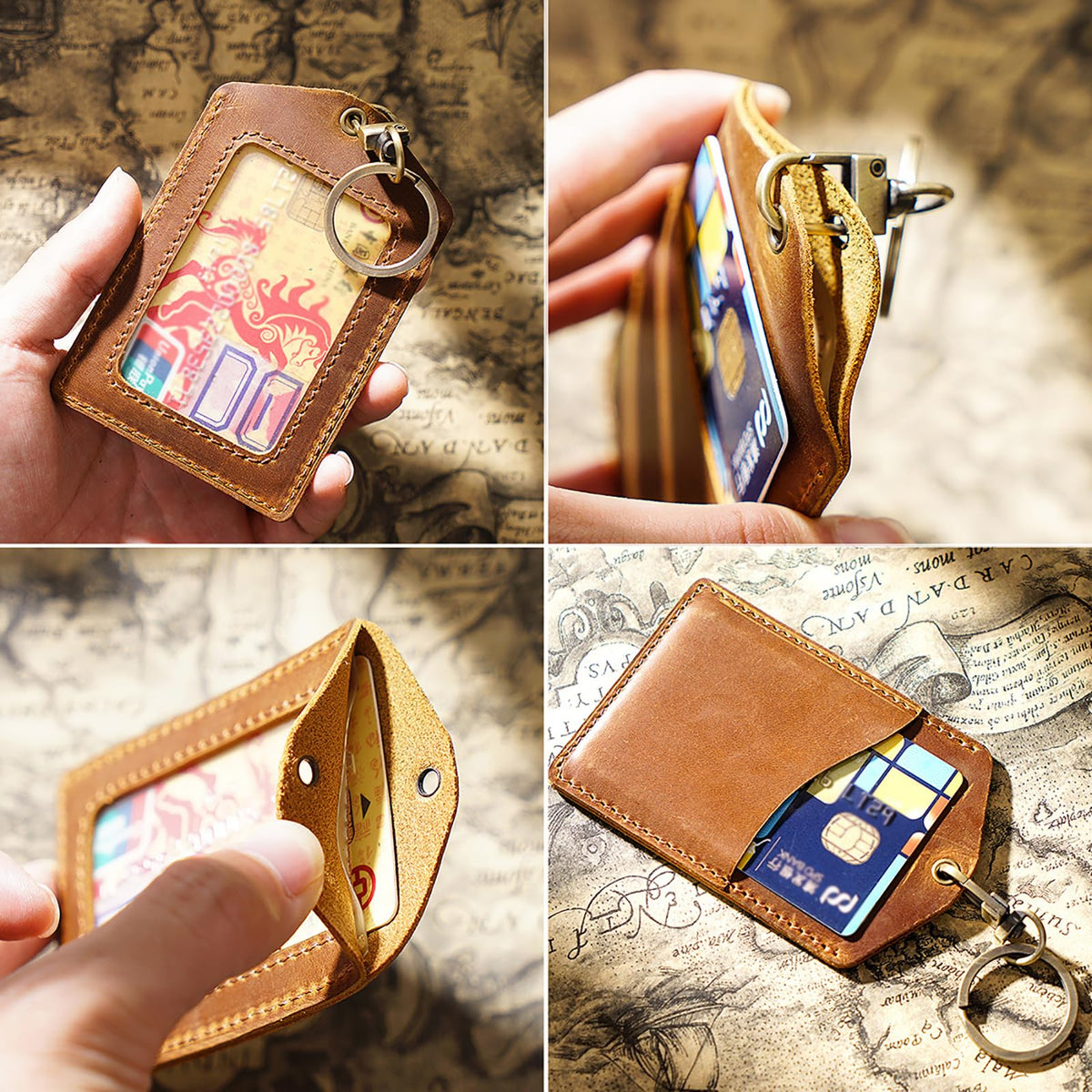 Badge Holder- Vertical Genuine Leather ID Badges Holder Durable Keychain ID Card Holder with Heavy Duty Neck Lanyard for Office, School, Conferences