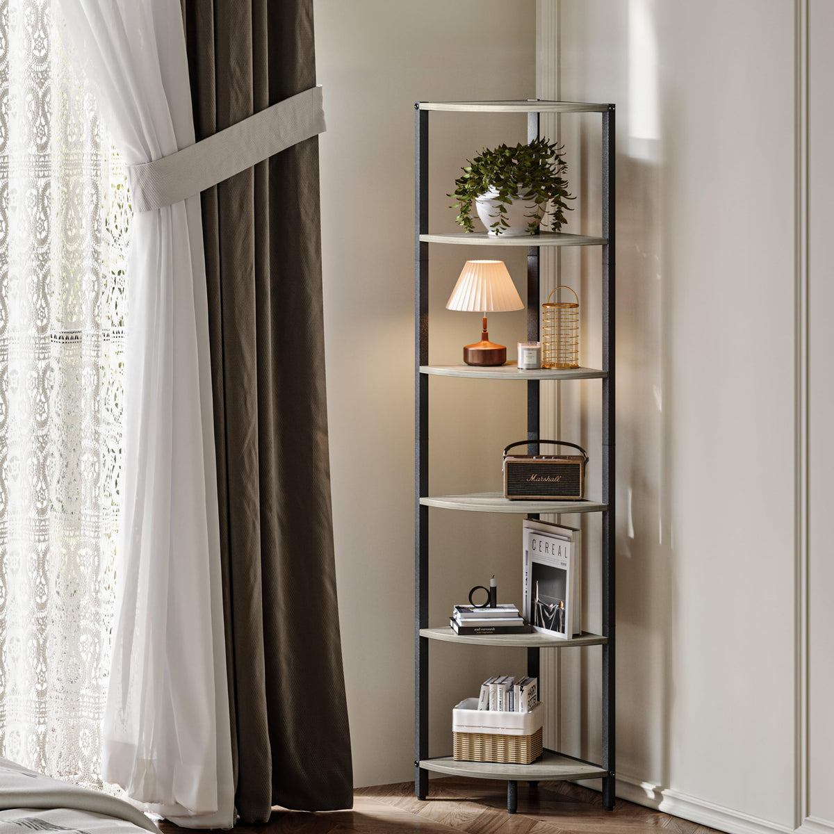 IRCPEN 6 Tier Corner Shelf 63.1" Tall Corner Shelves Stand Ladder Shelf Metal Standing Bookshelf Organizer Display Rack Bookcase Plant Stand Industrial Rustic for Living Room Bedroom Oak CS-001GR