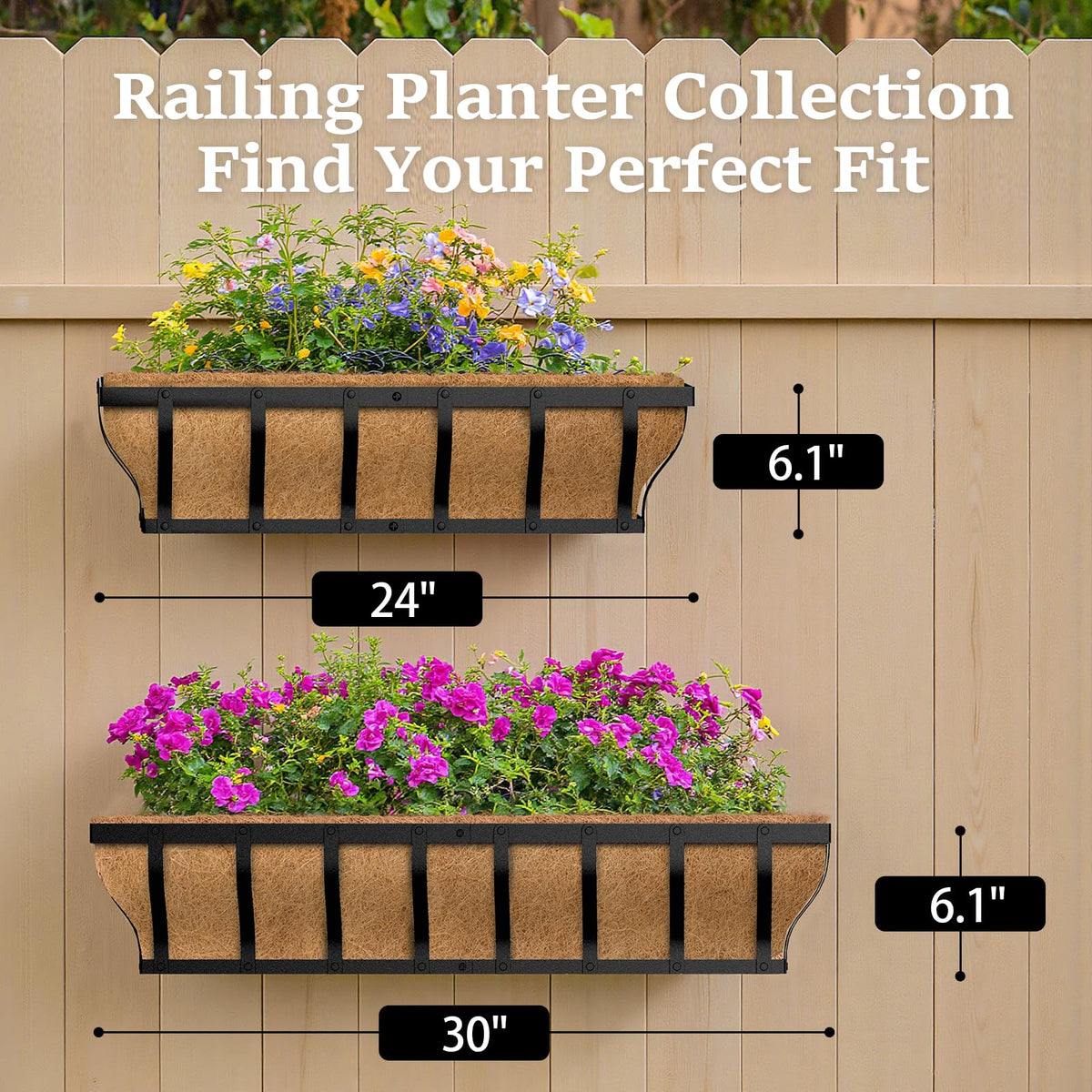 VOXOR Railing Planter Boxes, Heavy Duty Window Box Planters, Adjustable Balcony Planters for Railing Hanging, with Coco Liner & Support Rod for Deck, Porch, and Patio Gardening (3 Pack, 30 Inch)