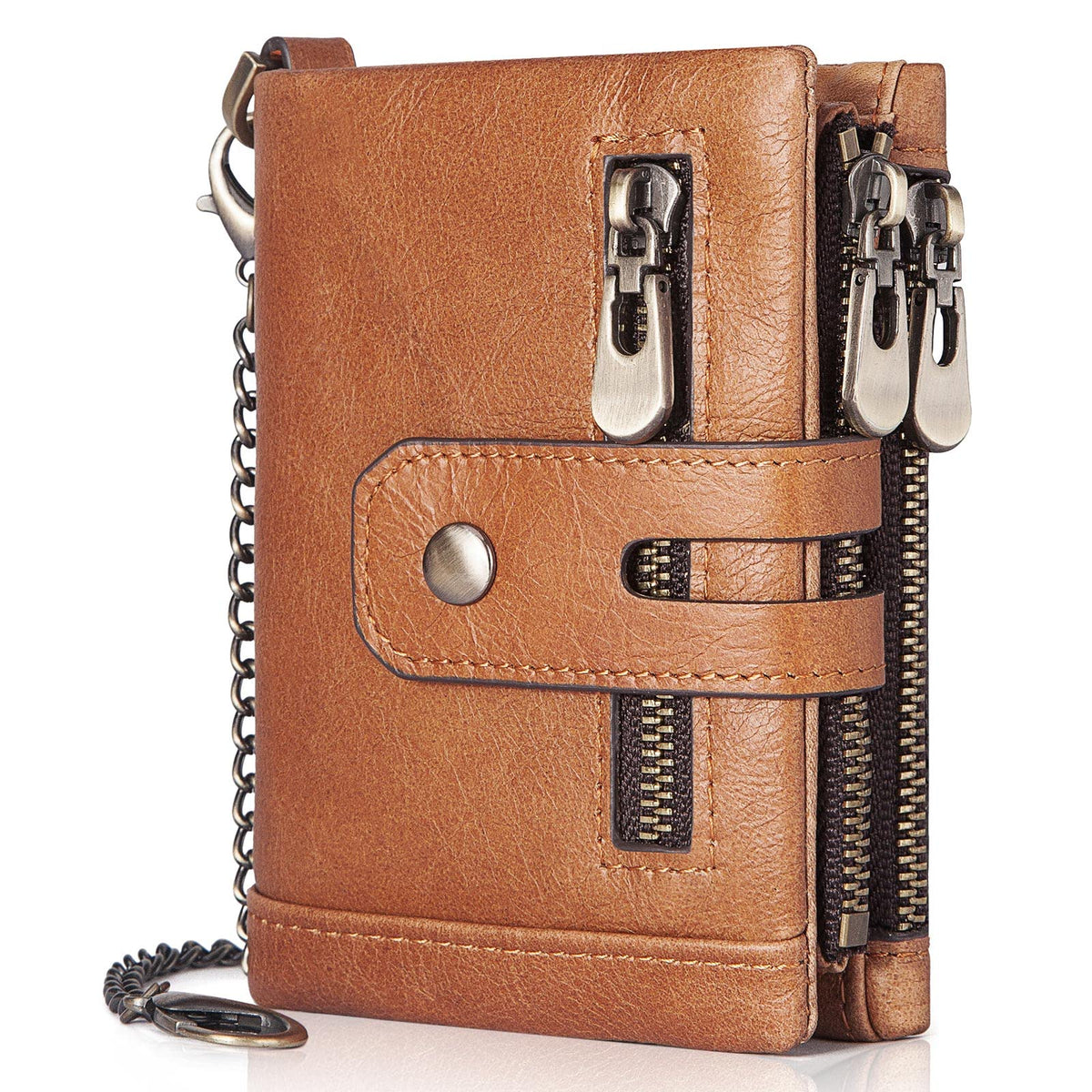 gzcz Mens Wallet with Chain RFID Blocking Genuine Leather Bifold Purse for Men ID Window and Zip Coin Pocket (Brown)