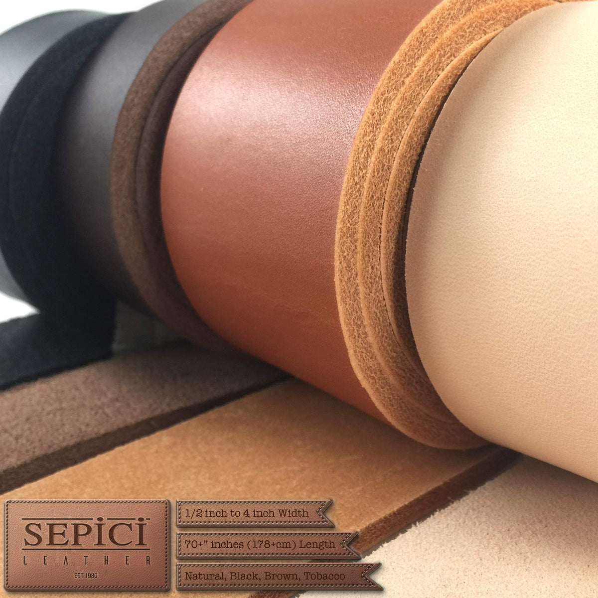 Sepici Tan Premium Leather Belt Blank 8/9 oz – Full Grain Veg Tan Cowhide Strap for Belt Making & Leather Crafts, Heavy Weight Vegetable Tanned Leather Strip, 1" x 70"
