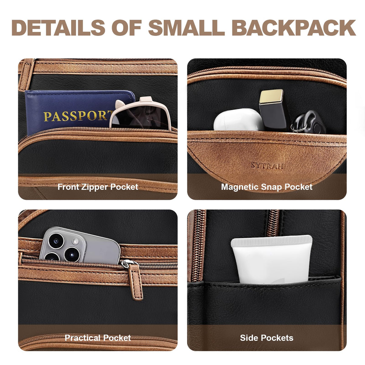 SYTRAH Small Backpack Purse for Women, Mini Backpack Vegan Leather with RFID Blocking & Tablet Pocket, Cute Shoulder Handbag for Travel, School & Work Black Brown