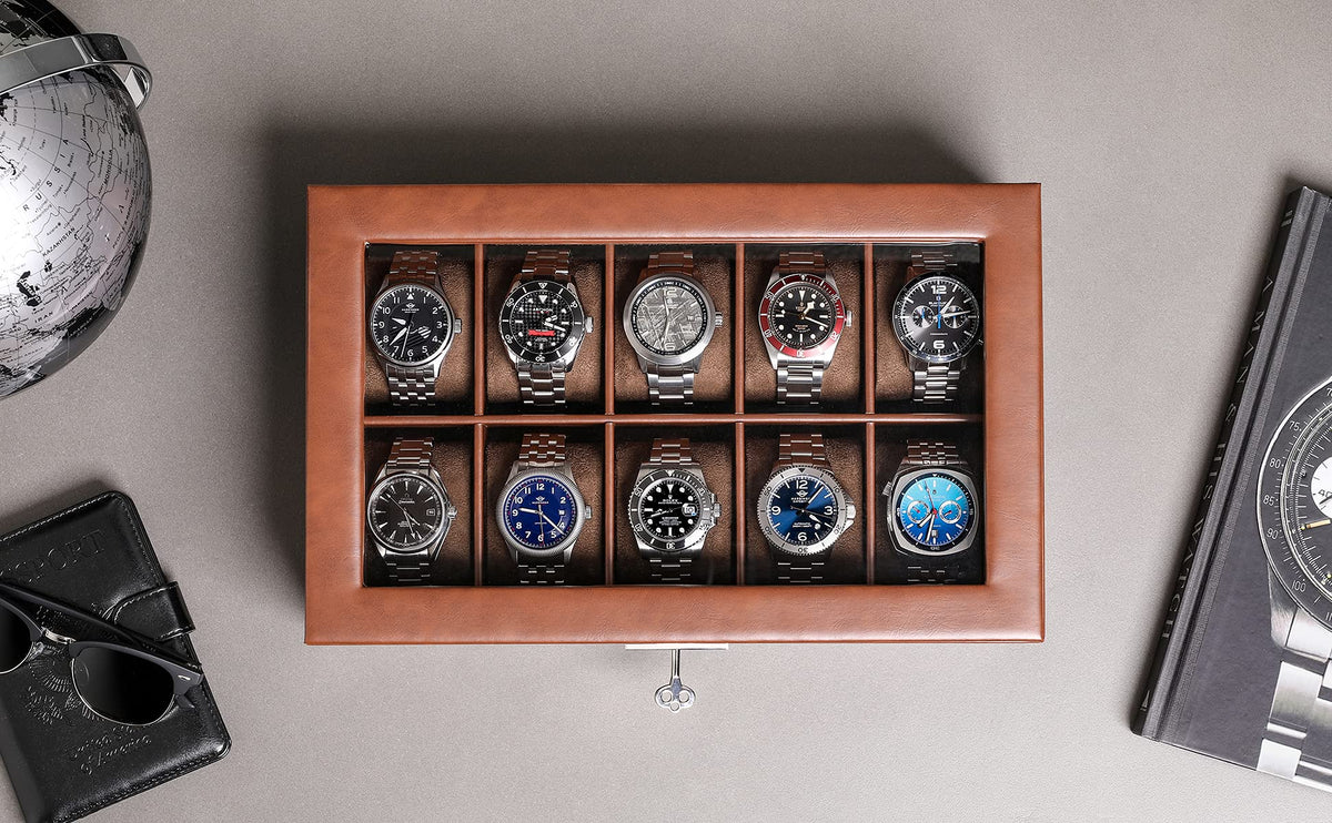 ROTHWELL 10 Slot Leather Watch Box - Luxury Case Display Jewelry Organizer - Locking Watch Display Case Holder with Large Glass Top - Box Organizer for Men and Women (Tan/Brown)