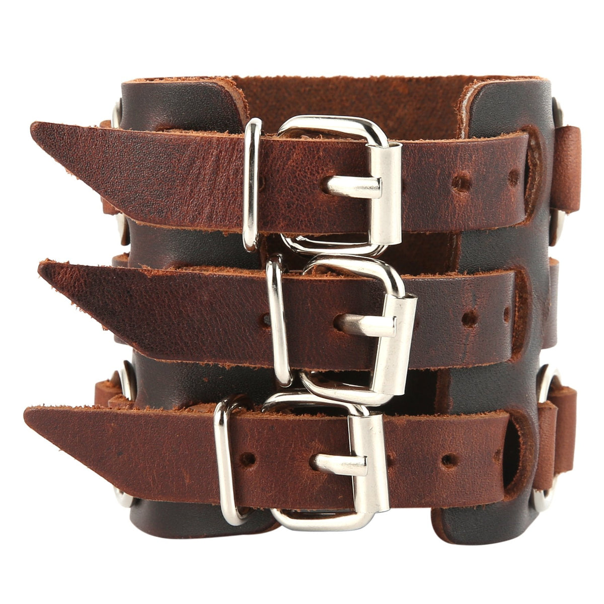 HZMAN Men's Alloy Ring Genuine Leather Bracelet Bangle Cuff Silver Tone Adjustable (Brown)