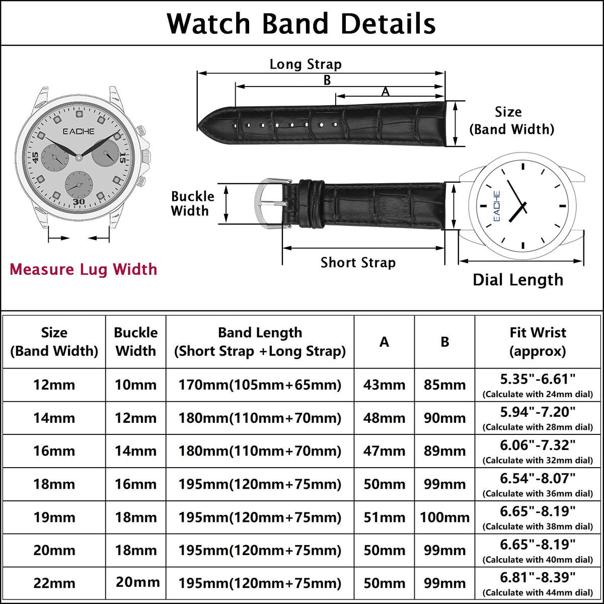 EACHE 12mm Croco Leather Watch Bands Black Classical Leather Watch Straps Waterproof Black Watch Bands With Gold Buckle