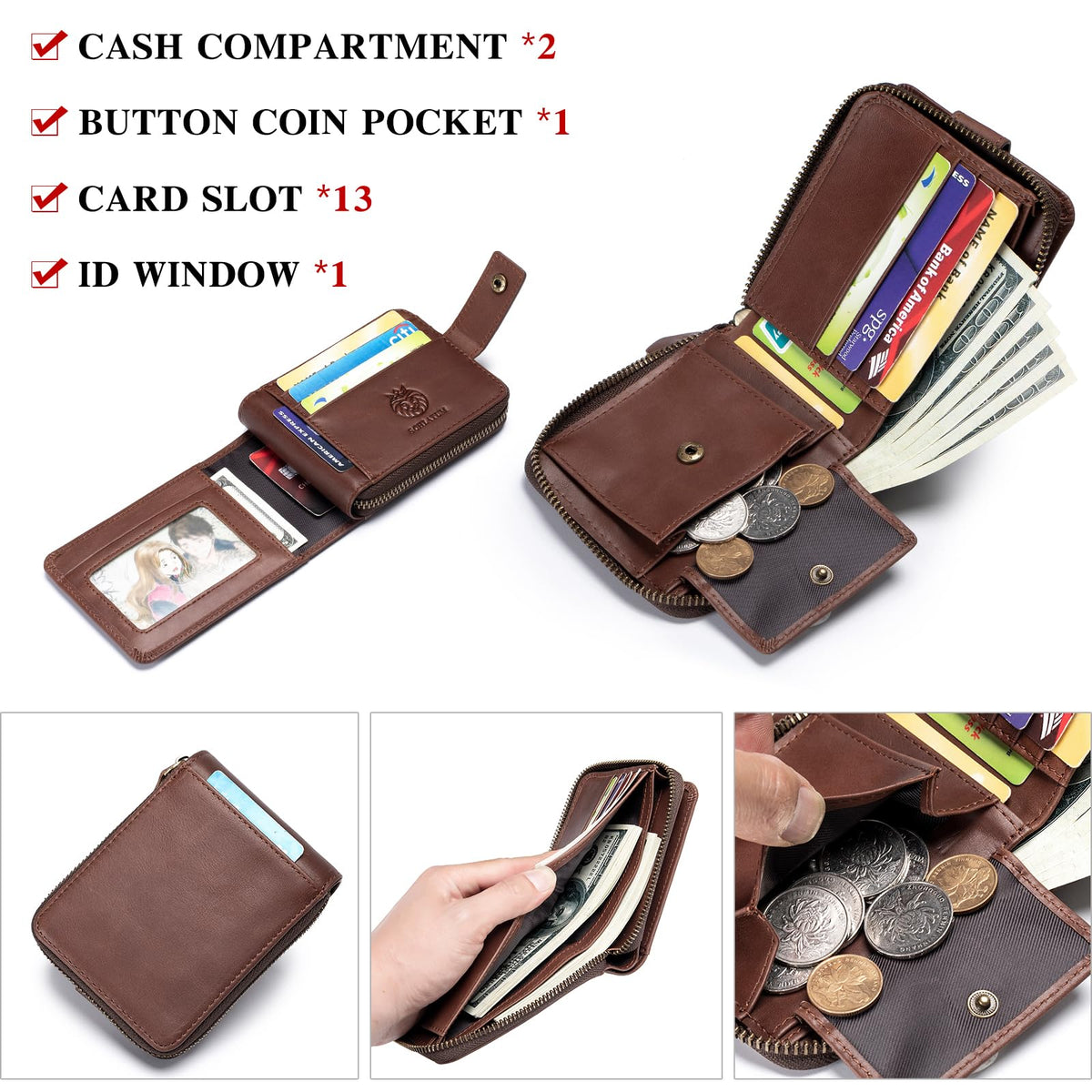 SCHLATUM Genuine Leather Zipper Wallet for Men RFID Blocking Large Capacity Vintage Wallet with Coin Pocket ID Window, Coffee