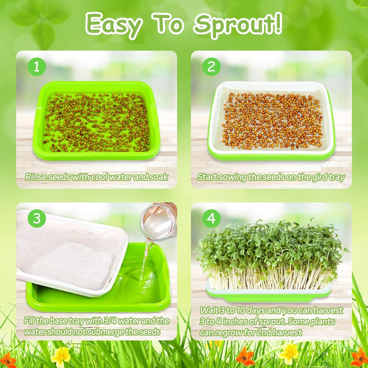Legigo 10 Pack Green Seed Sprouter Trays- Soil-Free Cultivation Germination Tray, BPA Free Nursery Tray with Planting Paper for Indoors or Outdoors Sprouting Seeds, Grow Grass, Beans (Without Lids)