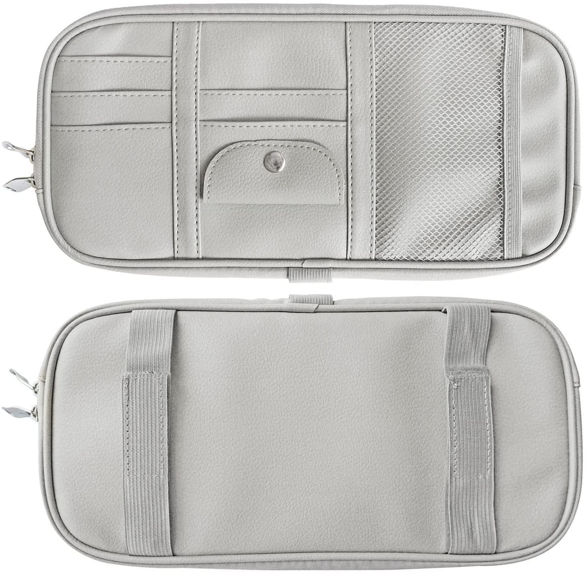 Qitdathn Car Sun Visor Organier Truck SUV Sun Visor Storage Pocket Pouch Holder, Multi-Pocket PU Leather with Zipper Net, for Cards Pens Sunglasses Document (Gray)