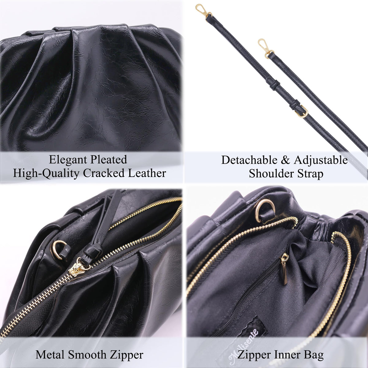 Milisente Clutch Purses for Women Shiny PU Leather Pleated Evening Clutch Bag With Shoulder Strap for Formal Wedding Prom (Black)