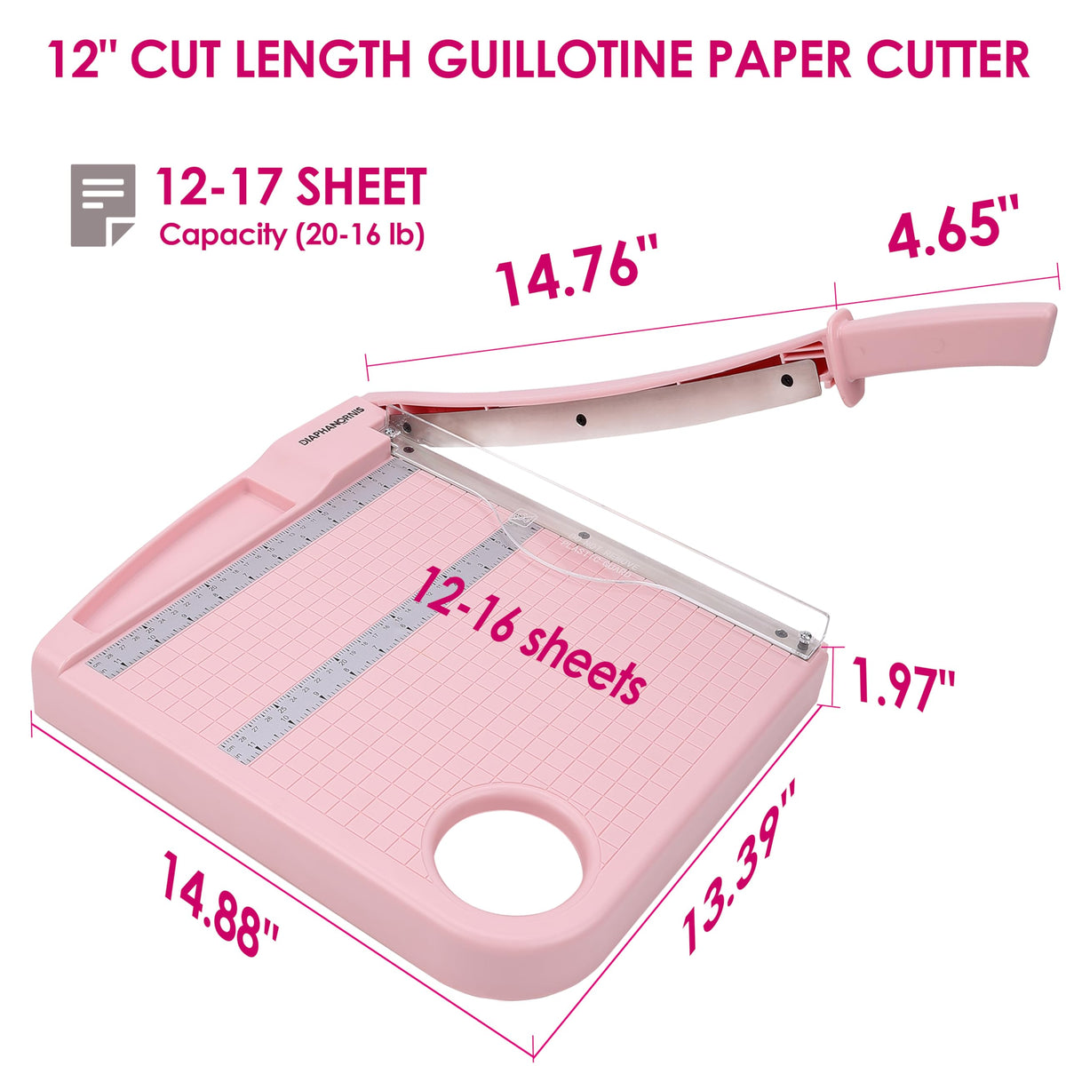 12" Paper Cutter, Precision Cut with Safety Protection and Blade Lock, 12 Sheet Capacity, Great for Cardstock, Cardboard, Photo, Vinyl, Crafts, Scrapbook (Pink)
