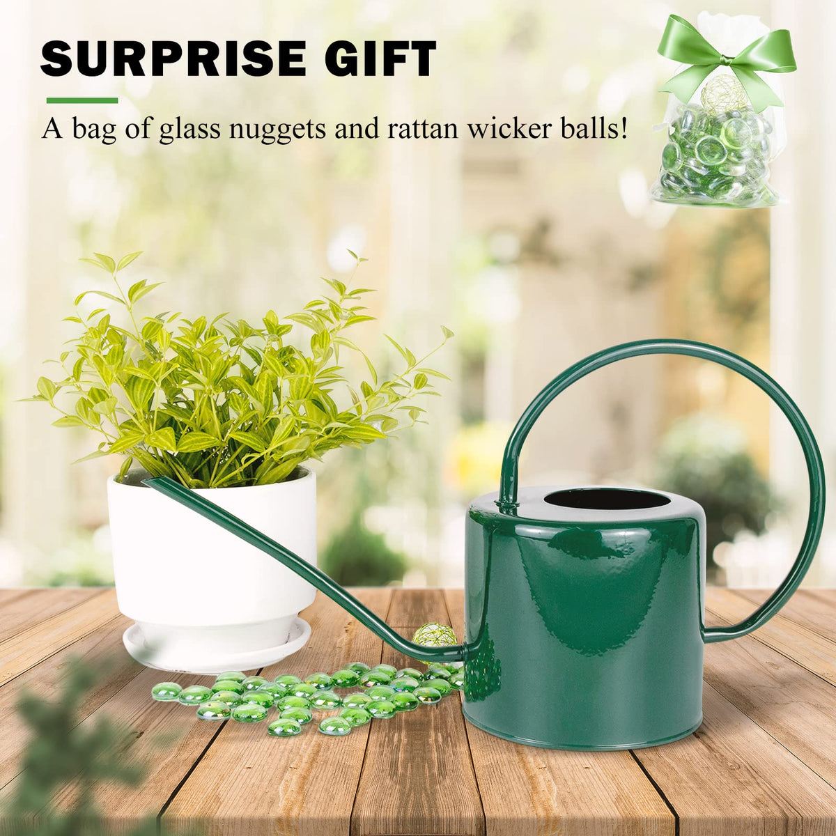 Lechloris Indoor Watering Can for Houseplants - Long Spout Metal Watering Can for Indoor Plants,Succulents or Outdoor Garden Flower, 1.3L / 40 oz Green