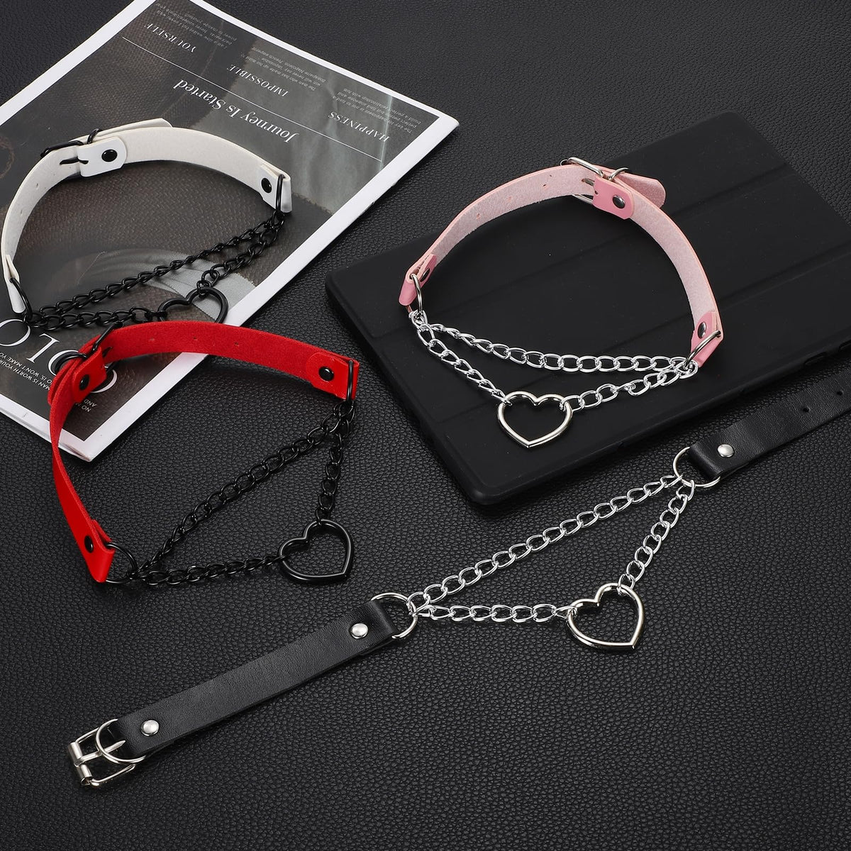 MECCANIXITY PU Leather Chokers, Love Heart Chokers Collar Necklace Gothic Punk Grunge Emo Necklace Gothic Jewelry Accessories Adjustable PU Collar for Women, Black/Silver Black, 2Pcs