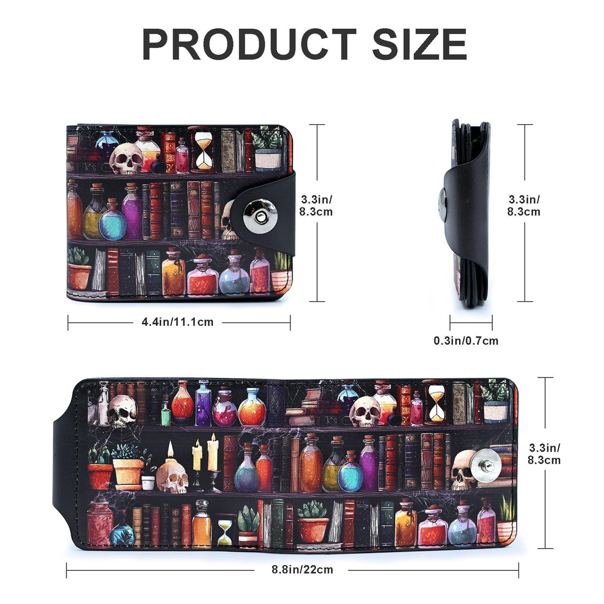 Tezmd Bookshelves Skull Small Wallet Leather Slim Bifold Credit Wallets RFID Blocking Card Holder Zipper Coin Pocket Cash Purse with ID Window