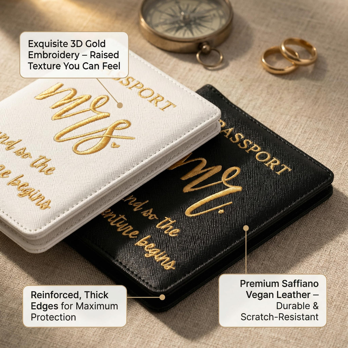 Passport Holder Set for Couples, Mr and Mrs Embroidered Passport Covers, PU Leather Travel Accessory, Wedding and Honeymoon Gift (Embroidered Black White Gold)