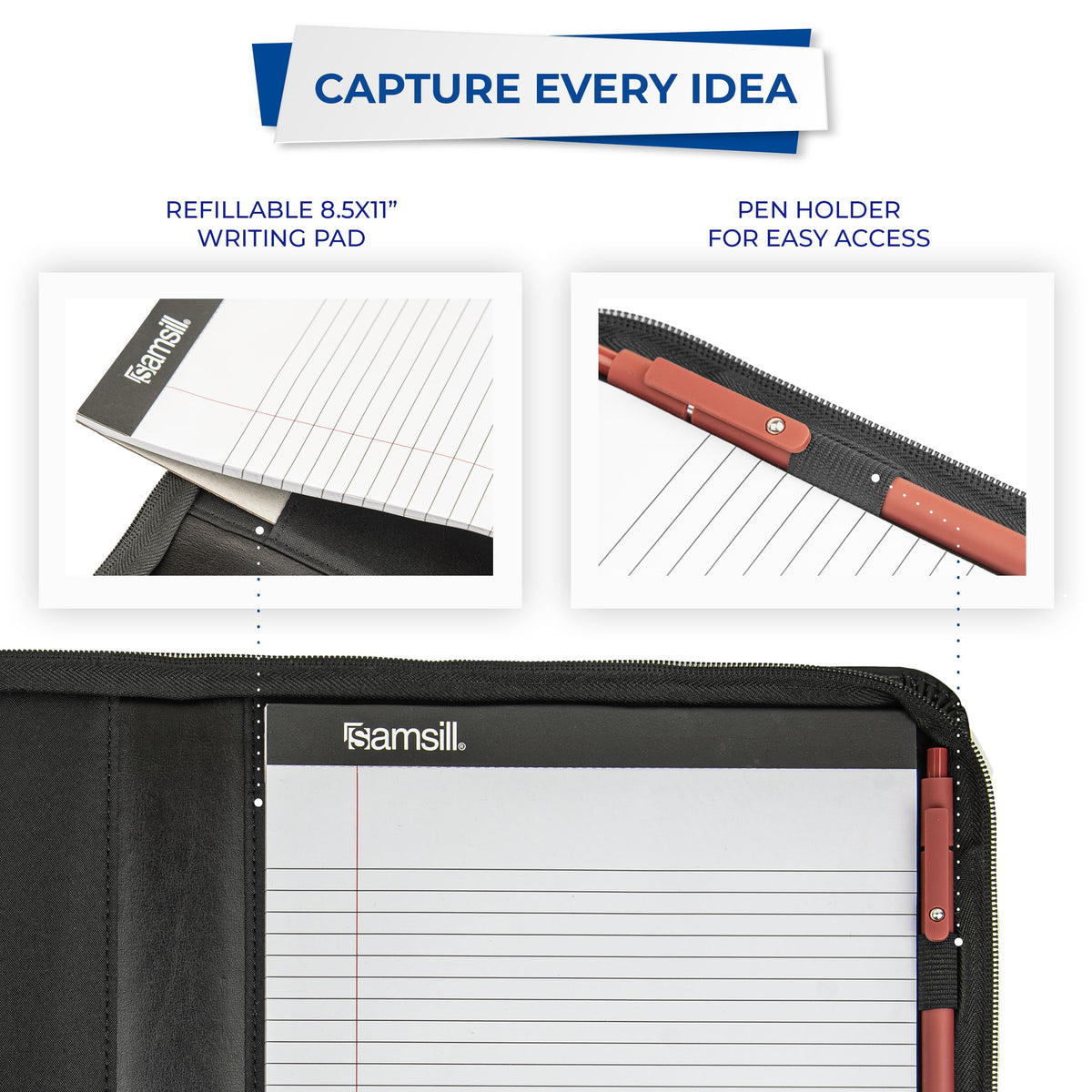 Samsill Contrast Stitch Leather Zippered Portfolio Folder/Business Portfolio for Men and Women, Resume/Document Organizer with Writing Pad, Black (71720)
