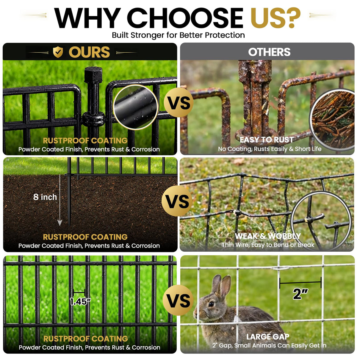 8 Panels No Dig Garden Fence Animal Barrier, 48in(H) × 21ft(L) Decorative Metal Outdoor Dog Fence, Rustproof Pet Fencing for Yard, Patio, Flower Bed -Temporary Fencing| Easy to Install