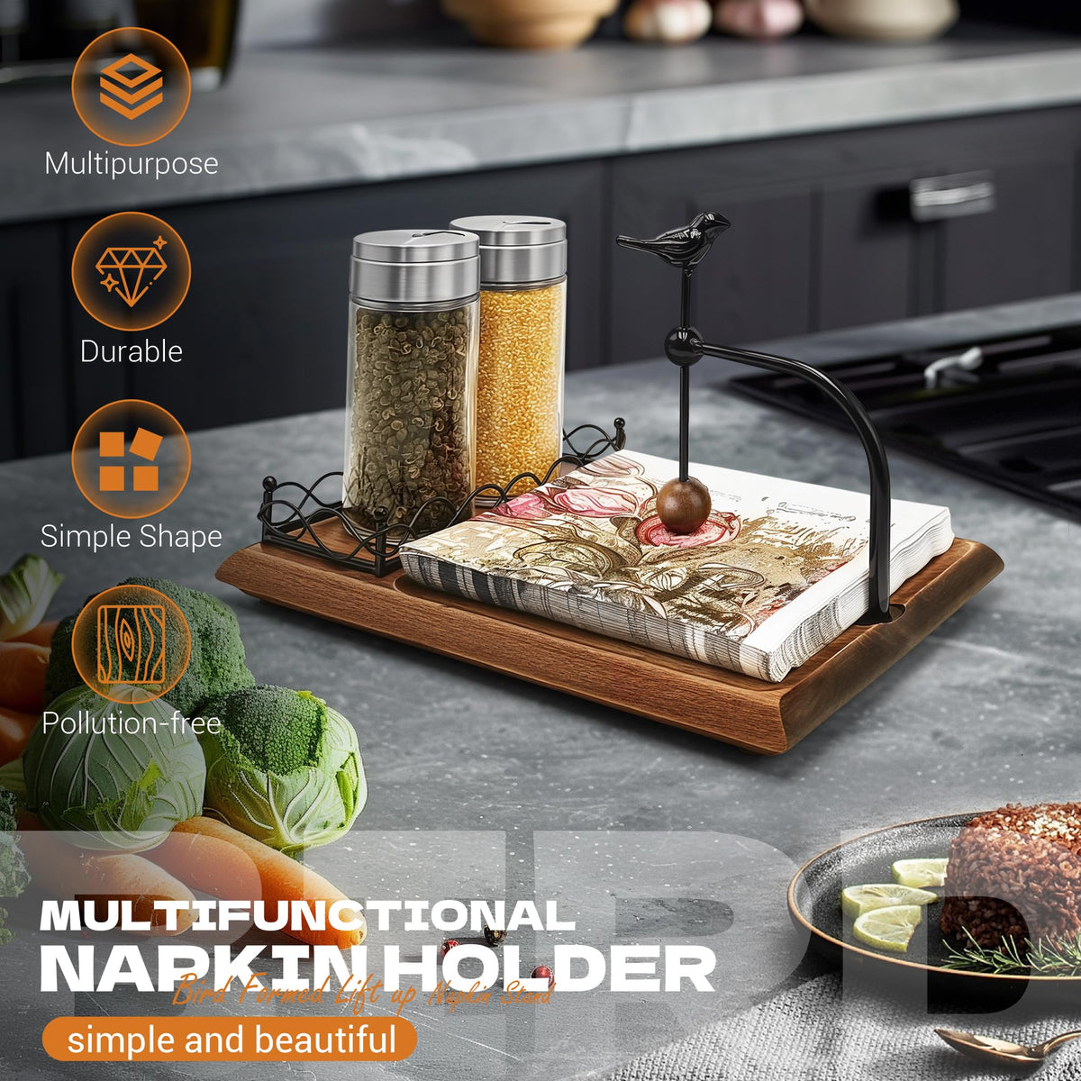 Elegant Flat Wooden Napkin Holder with Bird Design, Multifunctional Napkin Holder for Table, Kitchen, Outdoor Use Walnut Brown Wood Base Includes Space for Salt and Pepper Shakers
