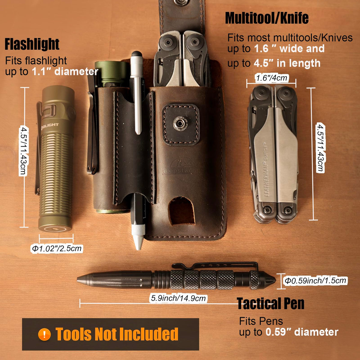 Topstache Leather Multitool Sheath - Multi Tool Holster with Belt Clip - EDC Belt Organizer Fits Multitool, Flashlight, Pen - Leather EDC Pouch Belt Holder Case with Closure Flap, Darkbrown