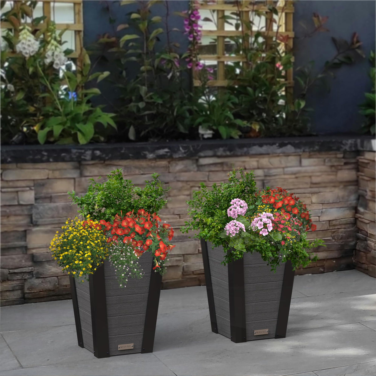 Mayne Vista 18in Outdoor Planter 2-Pack- Modern Tall Tapered Design with Drainage Hole for All Season Use - Ideal Front Porch Decor & Patio Planter - Easy Assembly